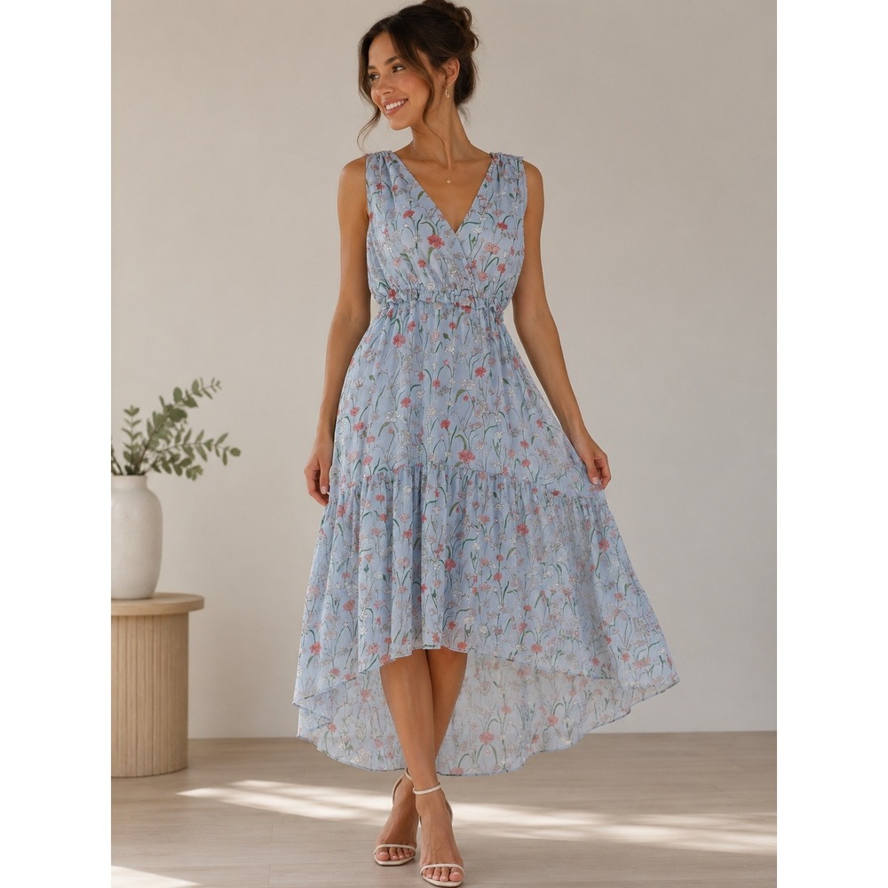 Banana Republic Floral High-Low Midi Dress Blue V-Neck Sleeveless Size 6